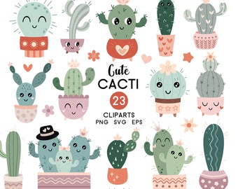 May include: A collection of 23 cute cactus cliparts in various shapes and colors, each with a smiling face and potted in decorative planters. The image includes the text "Cute CACTI" and "23 CLIPARTS".