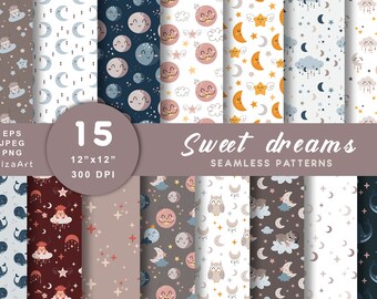 May include: A set of 15 digital seamless patterns featuring cute illustrations of moons, stars, clouds, and other celestial elements in various colors. The patterns are 12 inches by 12 inches and 300 DPI. The text "Sweet dreams" is displayed in a banner above the patterns.