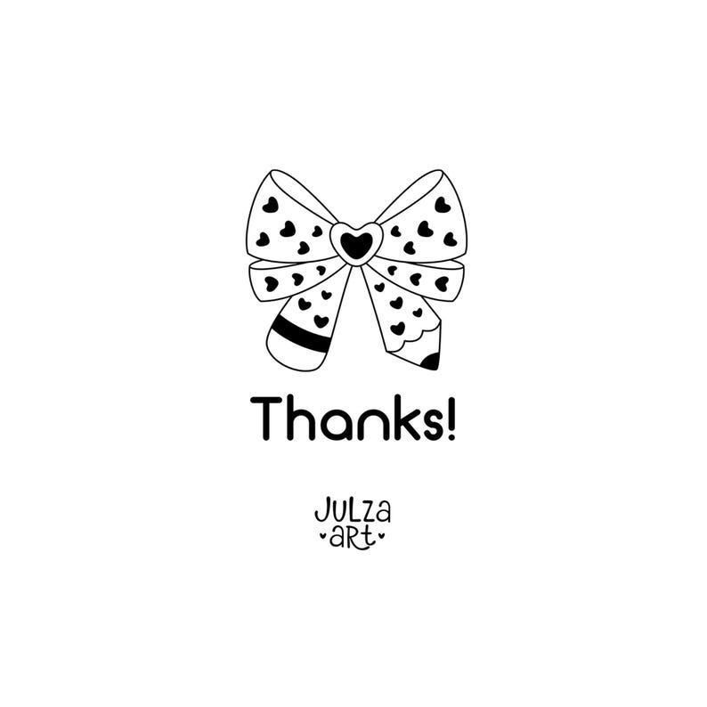 Op de afbeelding: Een zwart-wit illustratie van een strik met hartvormige details. Het woord "Thanks!" staat in een vetgedrukte lettertype onder de strik. De naam van de kunstenaar, "Julza art", is ook aanwezig.