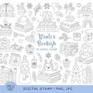 May include: Black and white digital stamps with a winter theme. The image includes stacks of books, snowflakes, mugs, mittens, a snowman, and the text "Winter Bookish 50 DIGITAL STAMP".