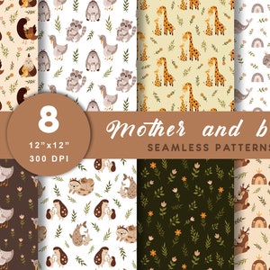Padrão sem emendas de animais, Papel digital de animais da floresta, Decoração de primavera, Impressão de feliz dia das mães, Download digital, Uso comercial