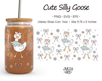 Silly Goose Glass Can Wrap PNG, Cute Goose, Coquette Bow, Flowers Coffe Glass, Coquette Goose Cup Wrap Sublimation and UV DTF Tumbler Design