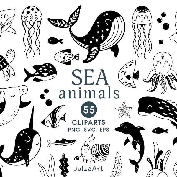 Sea animals svg, Black ocean clipart, Under the sea png, Nautical clip art, Monochrome nursery printable, Digital download, Commercial use