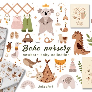 Boho kinderkamer clipart, pasgeboren baby svg, Boho naadloos patroon, dier digitaal papier, kunst aan de muur kinderkamer, digitale download, commercieel gebruik