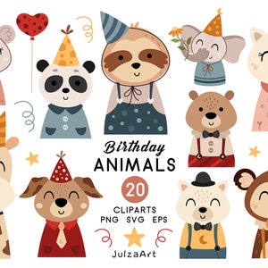 Feliz aniversário svg, clipart de aniversário, animais fofos svg, festa de aniversário png, chá de bebê, impressões de berçário, download digital, uso comercial
