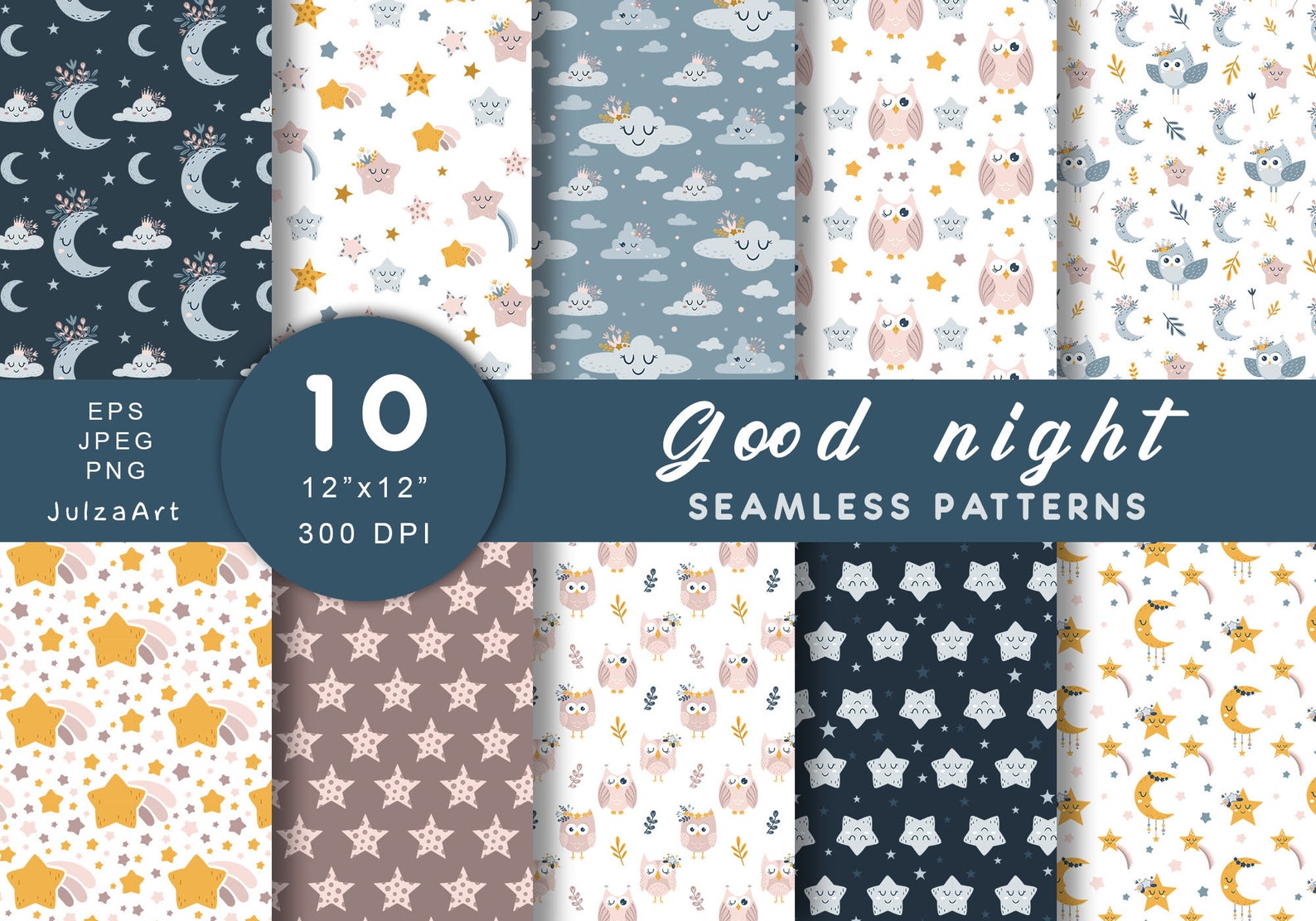 Good Night Baby Seamless Pattern, Moon and Stars Digital Paper, Cute ...