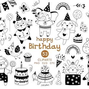 Gelukkige verjaardag svg, verjaardag clipart, zwart-wit verjaardagsfeestje png, babyshower, kwekerij print, digitale download, commercieel gebruik