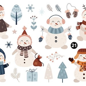 Pu&ograve; includere: Un set di 21 illustrazioni a tema invernale con pupazzi di neve in varie pose e abiti, tra cui un pupazzo di neve con un maglione marrone e un piccolo albero in mano, un pupazzo di neve con un maglione blu e paraorecchie e un pupazzo di neve con un cappello e una sciarpa marroni. Le illustrazioni includono anche alberi, fiocchi di neve e altri elementi invernali.