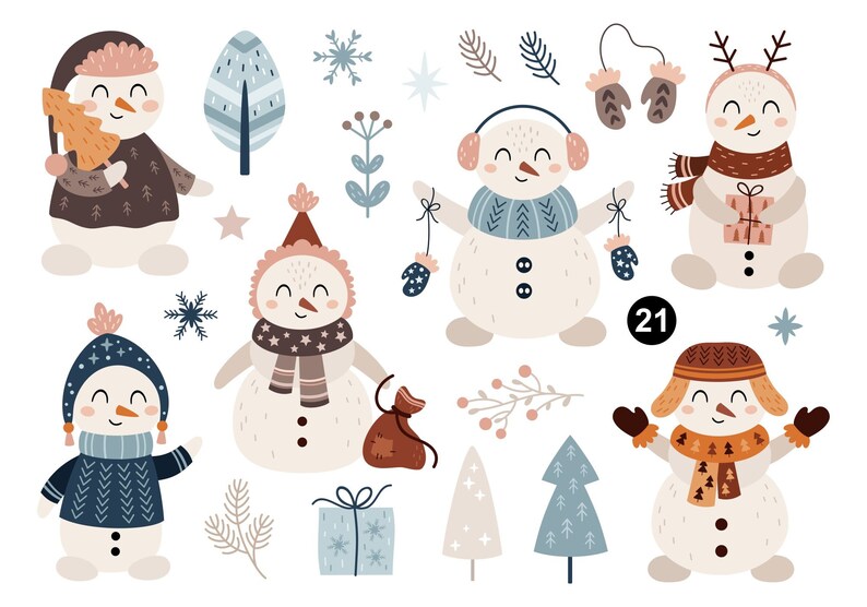 Pu&ograve; includere: Un set di 21 illustrazioni a tema invernale con pupazzi di neve in varie pose e abiti, tra cui un pupazzo di neve con un maglione marrone e un piccolo albero in mano, un pupazzo di neve con un maglione blu e paraorecchie e un pupazzo di neve con un cappello e una sciarpa marroni. Le illustrazioni includono anche alberi, fiocchi di neve e altri elementi invernali.