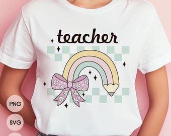 Coquette Teacher png, Retro Teacher svg, Groovy Teacher Shirt Design, Coquette pencil bow png, Teacher Appreciation, Back to School svg
