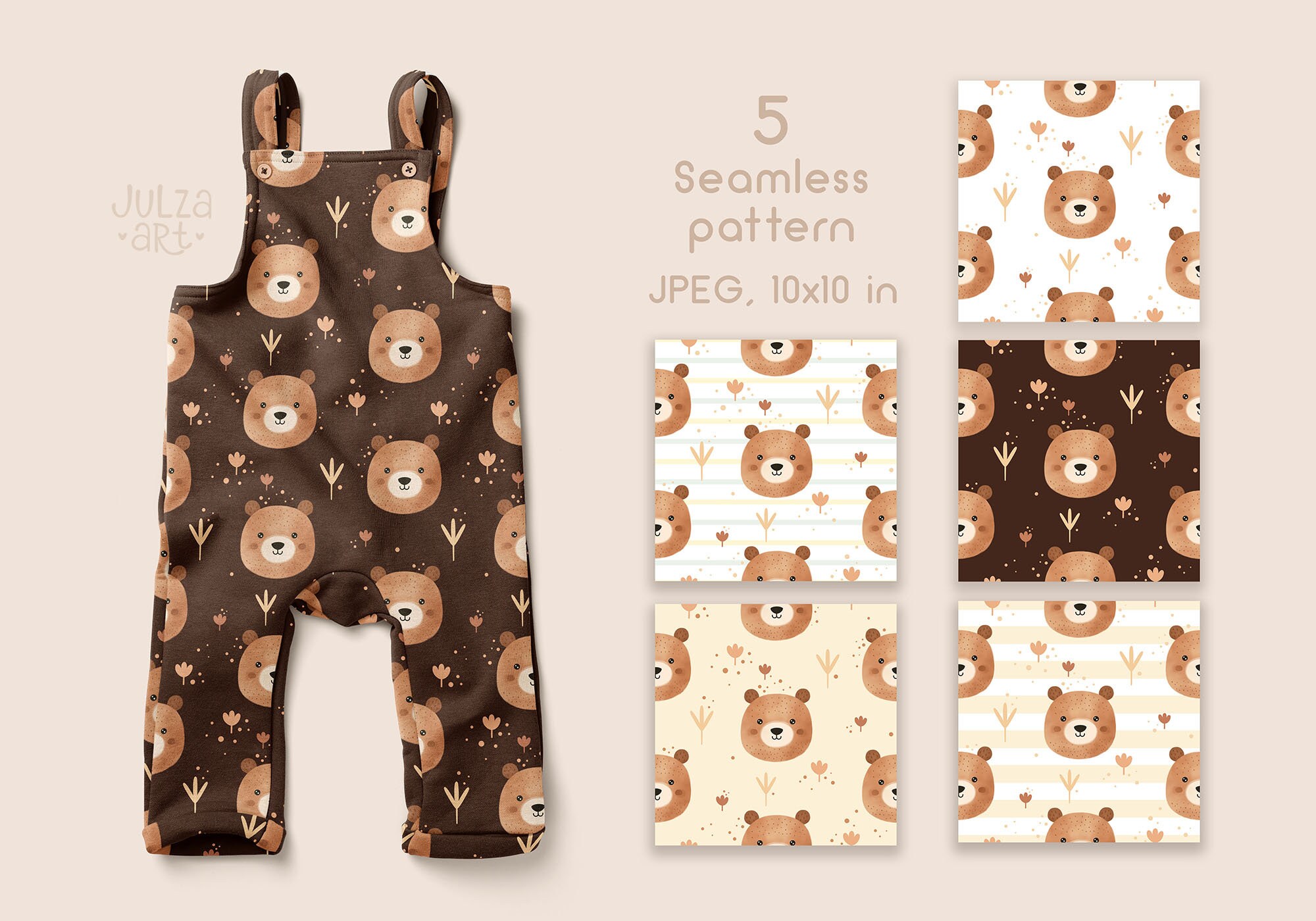 Watercolor Bear Seamless Pattern Cute Bear Digital Paper Bear Head ...