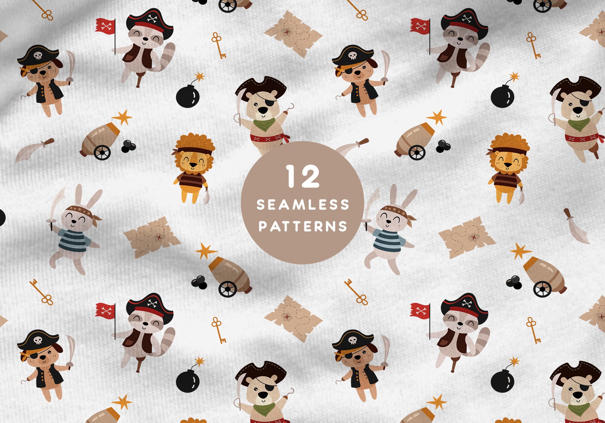 Pirates Animals Digital Paper Set, Kids Nautical Seamless Pattern, Cute ...