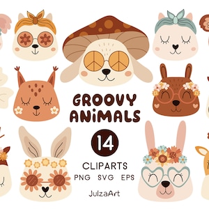 Retro Tier Clipart, Groovy Tier Gesicht svg, Waldtiere png, Boho Tierkopf Clipart, Baby-Dusche, digitaler Download, kommerzielle Nutzung