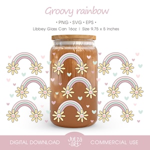 Groovy Rainbow Daisy 16oz Libbey Glass Can Wrap PNG Retro Rainbow and Flower Cup Wrap SVG Coquette Tumbler Cottagecore Sublimation Design