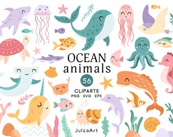 Süßes Meerestier Clipart Ozeantier svg Meerleben svg Nautischescliparts Walhai Fisch Qualle Oktopus Algen Narwhal