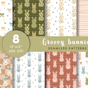 Groovy bunny pattern Retro Easter Seamless pattern Cute bunny digital paper Easter pattern Easter print Spring pattern Digital download