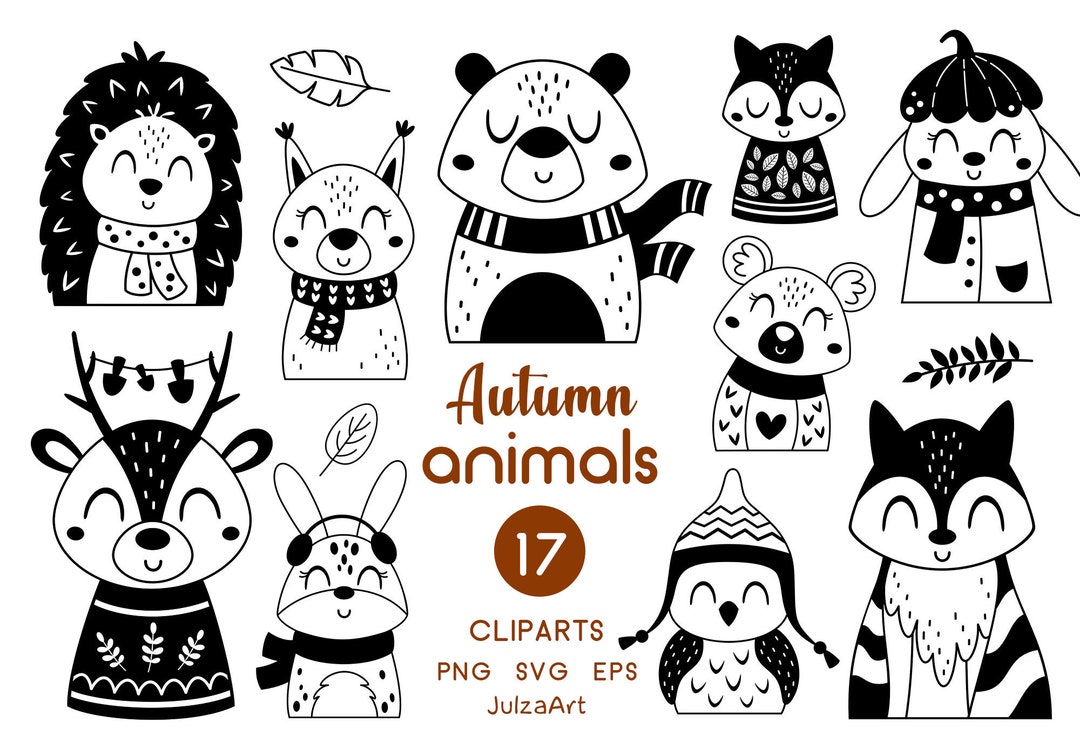 Fall Animals Clipart, Black and White Animals Svg, Woodland Animals ...