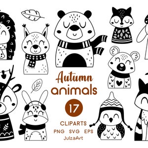 Imágenes prediseñadas de animales de otoño, imágenes prediseñadas de animales en blanco y negro, imágenes prediseñadas de animales del bosque, impresión de guardería de Svandinavian, descarga digital, uso comercial