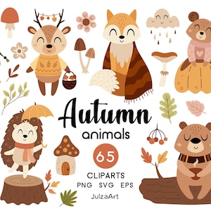 Imágenes prediseñadas de animales de otoño, Imágenes prediseñadas de animales de otoño acogedores, Imágenes prediseñadas de animales del bosque, Imágenes prediseñadas de Boho, Imágenes prediseñadas de hojas de otoño, Descarga digital, Uso comercial