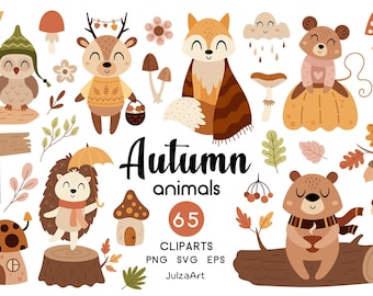 Autumn animals clipart, Cozy fall animals svg, Woodland animals png, Boho clipart, Autumn leaves clipart, Digital download, Commercial use