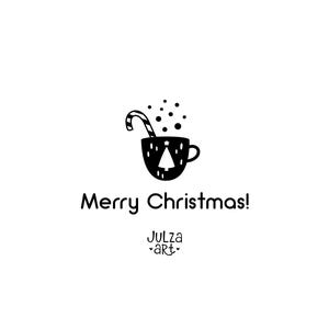 K&ouml;nnte beinhalten: Schwarz-wei&szlig;-Illustration einer Tasse mit einem Weihnachtsbaum-Design und einem Zuckerstangen, die aus der Oberseite herausragt. Die Tasse ist von Schneeflocken umgeben. Der Text "Merry Christmas!" befindet sich unter der Tasse, und der Text "Julza art" befindet sich darunter.