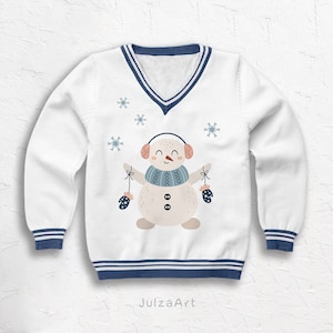 Pu&ograve; includere: Maglione bianco con collo e polsini a righe blu e bianche. Il maglione presenta un pupazzo di neve con una sciarpa blu, paraorecchie e guanti che tengono due guanti.