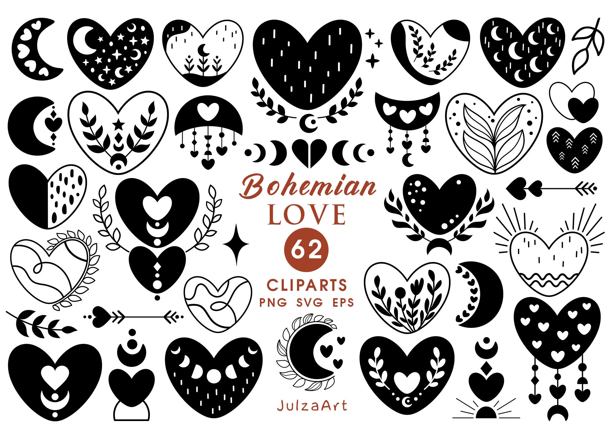 Boho Heart Clipart: Valentines Day, Black and White Bohemian Love, Romantic  Graphics - PNG SVG - Etsy, image size:2000x1400
