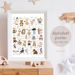 Póster del alfabeto, póster del alfabeto, alfabeto del bosque imprimible, alfabeto de animales, impresión para guardería, póster educativo, descarga digital, uso personal