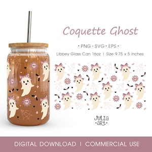 Coquette Halloween Ghost 16oz Libbey Glass Can Wrap PNG SVG Cute Halloween Cup Wrap Girly Spooky Season Creepy Scary Horror Tumbler Design
