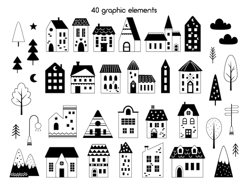 Scandinavian Houses Clipart Black and White Nordic House Svg Etsy