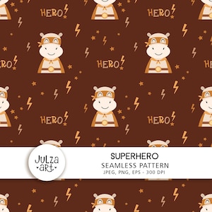 Padrão de super-herói Padrão sem emenda de super-herói animal Impressão de super-herói Padrão animal Padrão de hipopótamo Papel digital para bebê menino Download digital
