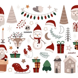 Puede incluir: Un conjunto de 41 ilustraciones de Navidad en clipart que incluyen a Pap&aacute; Noel, renos, mu&ntilde;ecos de nieve, regalos, &aacute;rboles y casas. Las ilustraciones son de estilo de dibujos animados y son perfectas para agregar un toque festivo a tus proyectos.