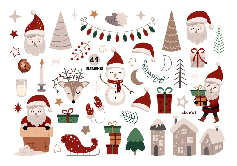 Puede incluir: Un conjunto de 41 ilustraciones de Navidad en clipart que incluyen a Pap&aacute; Noel, renos, mu&ntilde;ecos de nieve, regalos, &aacute;rboles y casas. Las ilustraciones son de estilo de dibujos animados y son perfectas para agregar un toque festivo a tus proyectos.