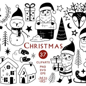 Clipart di Natale Buon Natale svg Natale in bianco e nero png Babbo Natale svg Clipart di Babbo Natale Albero di Natale svg Primo Natale doodle