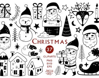 Clipart de Navidad Feliz Navidad svg Navidad en blanco y negro png Papá Noel svg Clipart de Papá Noel Árbol de Navidad svg Primer garabato navideño