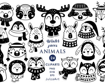 Wintertiere svg Tier Cliparts Schwarzweißes Tiergesicht svg Winter Cliparts Waldtiere png Niedliche Tieraufkleber Digitaler download