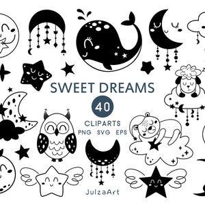 Celestial svg, Mond svg, Stern svg, Schwarzweiß-süße Träume Clipart, schlafende Tiere png Babyparty, digitaler Download, kommerzielle Nutzung