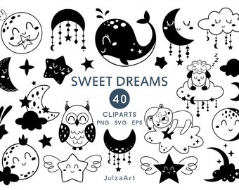 May include: Black and white illustrations of 40 sweet dreams themed clipart images. The images include stars, moons, clouds, owls, sheep, whales, and more. The text "Sweet Dreams 40 Cliparts PNG SVG EPS JulzaArt" is included in the image.