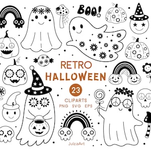 Retro Halloween svg Groovy Halloween Clipart Schwarzweiß Kinder Halloween png Süßer Geist svg Halloween Kürbis Clipart Digitaler Download