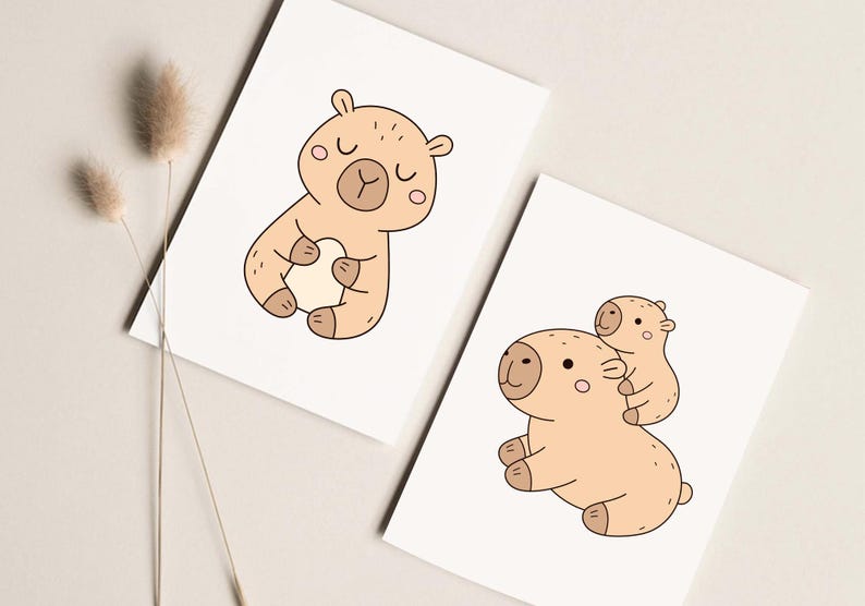 May include: Two art prints featuring cartoon bears in a minimalist style. One print shows a bear holding a heart, and the other shows a bear carrying a smaller bear on its back. The bears are light brown with black and pink accents.