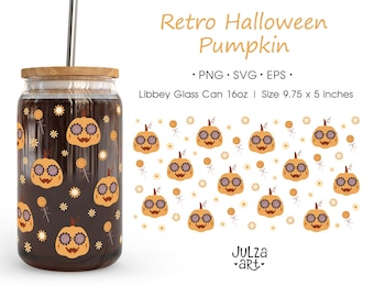 Retro Halloween Pumpkin 16oz Libbey Can Wrap: Groovy Spooky Season Sublimation Design PNG SVG