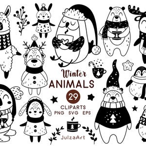 Winter dier svg kerst dier clipart kerst clipart Merry Christmas svg winter clipart zwart-wit dier png digitale download