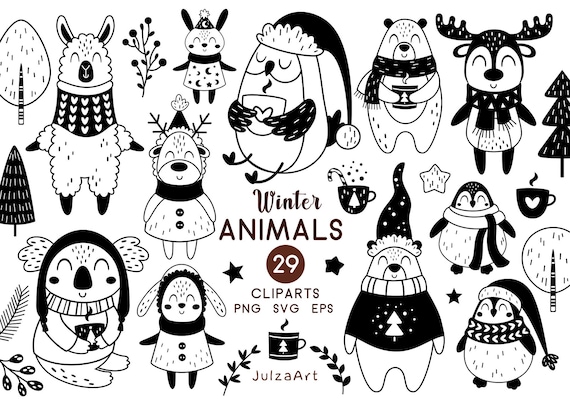 Winter animal svg Christmas animal clipart Christmas clipart Merry Christmas svg Winter clipart Black and white animal png Digital download
