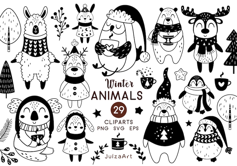K&ouml;nnte beinhalten: Schwarz-wei&szlig;e Illustrationen von 29 Wintertieren, darunter ein Lama, ein Rentier, ein Pinguin, eine Eule und ein B&auml;r. Der Text "Winter Animals 29 Cliparts PNG SVG EPS JulzaArt" befindet sich am unteren Rand des Bildes.