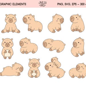 May include: A collection of 12 cartoon capybara illustrations in various poses. The capybaras are light brown with simple facial features and are set against a white background. Text at the top reads "12 Graphic Elements" and "PNG, SVG, EPS - 300 dpi".