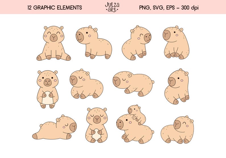 May include: A collection of 12 cartoon capybara illustrations in various poses. The capybaras are light brown with simple facial features and are set against a white background. Text at the top reads "12 Graphic Elements" and "PNG, SVG, EPS - 300 dpi".