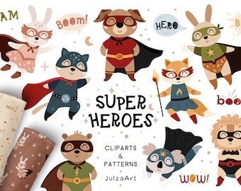 Animal Superhero Clipart & Seamless Pattern Bundle: Super Hero Birthday Boy Designs - PNG SVG EPS