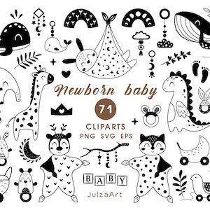 Pasgeboren baby clipart, zwart-wit babyshower svg, Boho kind monochroom genderneutraal decor, digitale download, commercieel gebruik