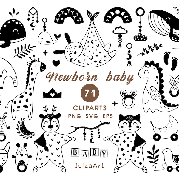 Newborn baby clipart, Black and white baby shower svg, Boho child monochrome gender neutral decor, Digital download, Commercial use