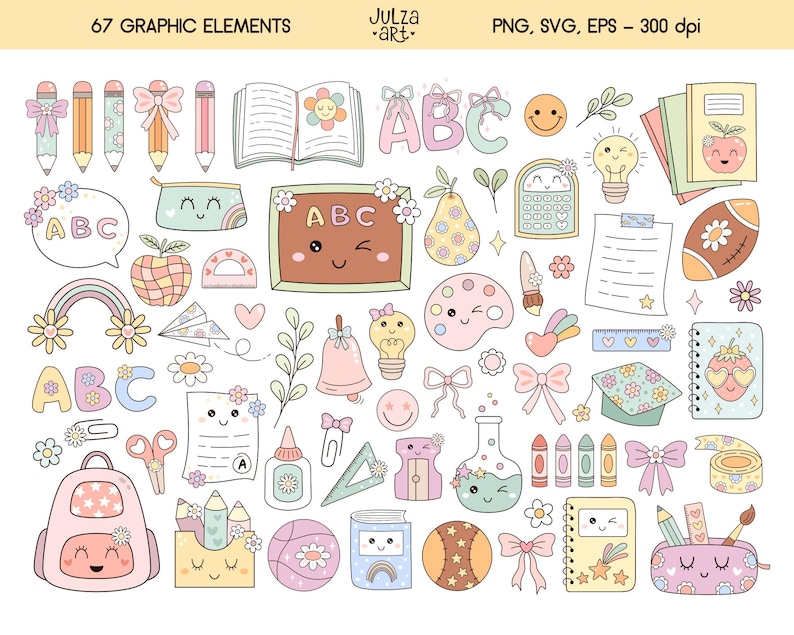 May include: A collection of 67 graphic elements with a school theme. The elements include pencils, books, a chalkboard, a backpack, and a rainbow, all in pastel colors. The text "67 GRAPHIC ELEMENTS" and "PNG, SVG, EPS - 300 dpi" are visible.